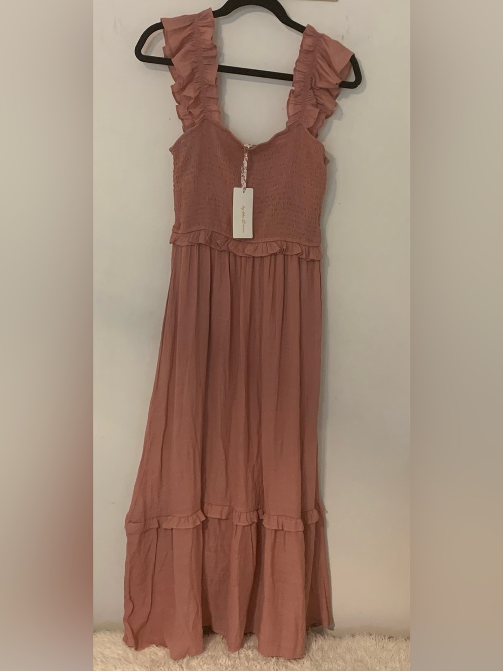 By the River Pink Smocked SunDress Ruffle Womens L Cottagecore Fairy Boho